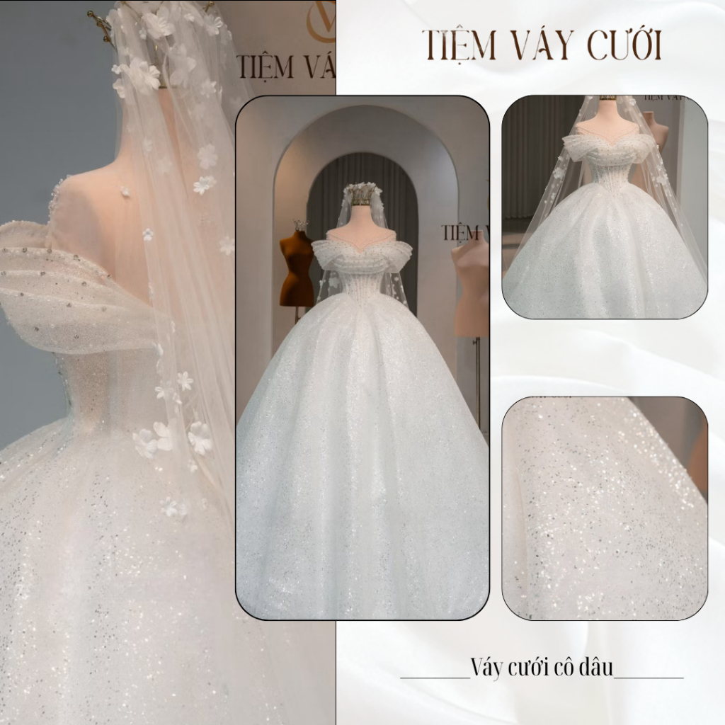 Váy Cưới Làm Lễ, Váy Cưới Cô Dâu, Đầm Cưới Đi Tiệc, Vải Lưới kim Tuyến, Trễ Vai, TVC127