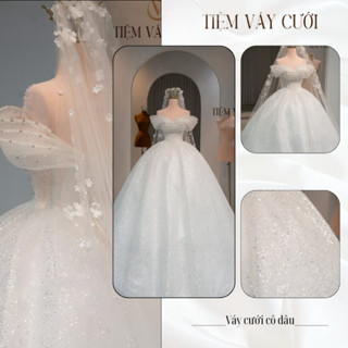 Váy Cưới Làm Lễ, Váy Cưới Cô Dâu, Đầm Cưới Đi Tiệc, Vải Lưới kim Tuyến, Trễ Vai, TVC127