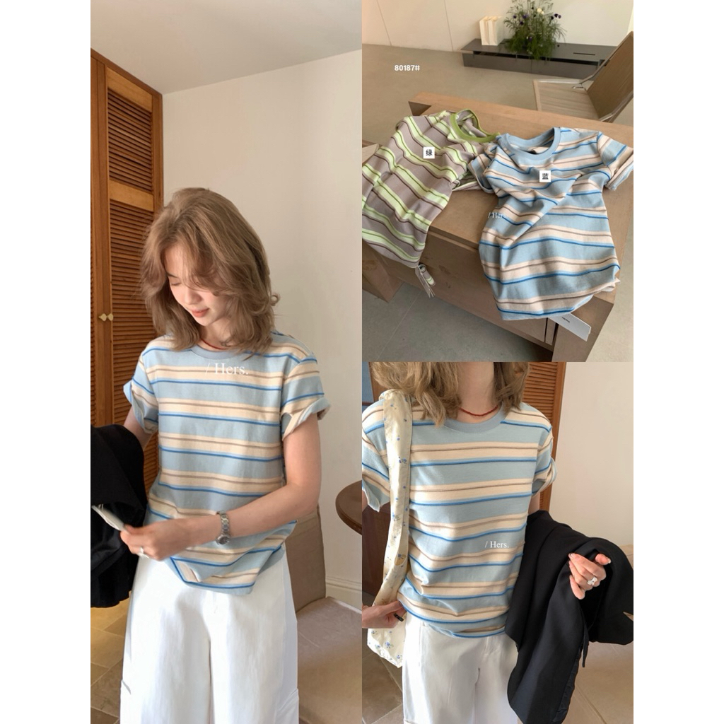 𝐢𝐦𝐜𝐡𝐢𝐜.𝟐𝟐𝐬 | Áo Thun Sọc Hers Chỉ Nổi Phong Cách Hàn Thời Trang Nữ