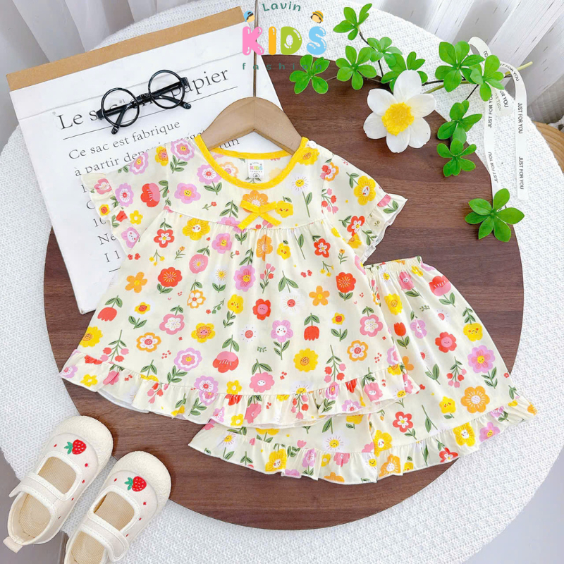Bộ tole lanh đùi bèo phối viền cho bé gái size 6-18kg- Lavin Kids