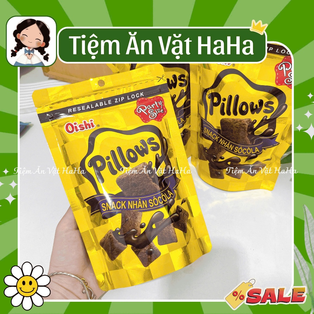 Snack Pillows Oishi Nhân Socola (GÓI LỚN 80G), Bánh Nhân Kem Oishi, đồ ăn vặt