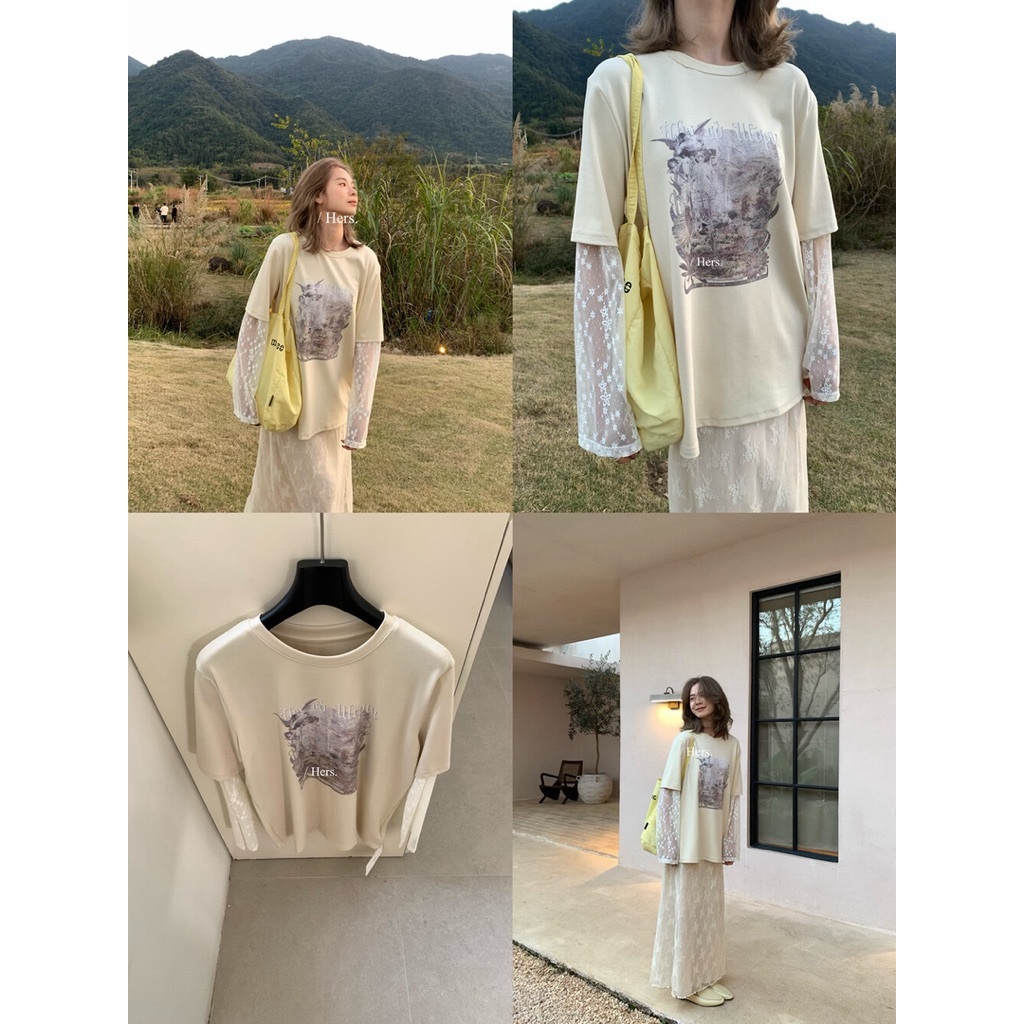 𝐢𝐦𝐜𝐡𝐢𝐜.𝟐𝟐𝐬 | Áo Thun Hers Phối Tay Ren Phong Cách Hàn Quốc