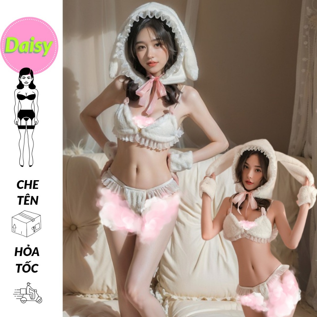 Cosplay thỏ tuyết cao cấp kèm nón gợi cảm - bộ đồ lót lingerie hóa trang Bunny vải giả lông thú sexy