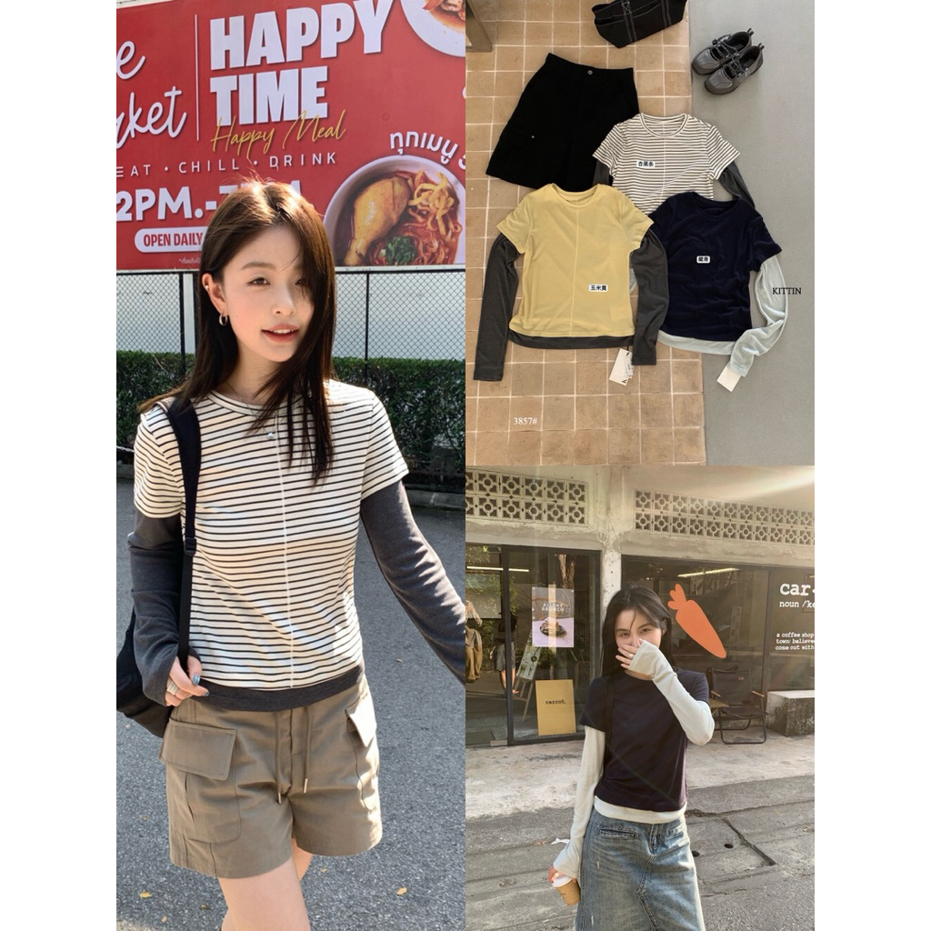 𝐢𝐦𝐜𝐡𝐢𝐜.𝟐𝟐𝐬 | Áo Thun Layer Tay Dài May Liền Giả Set Kittin