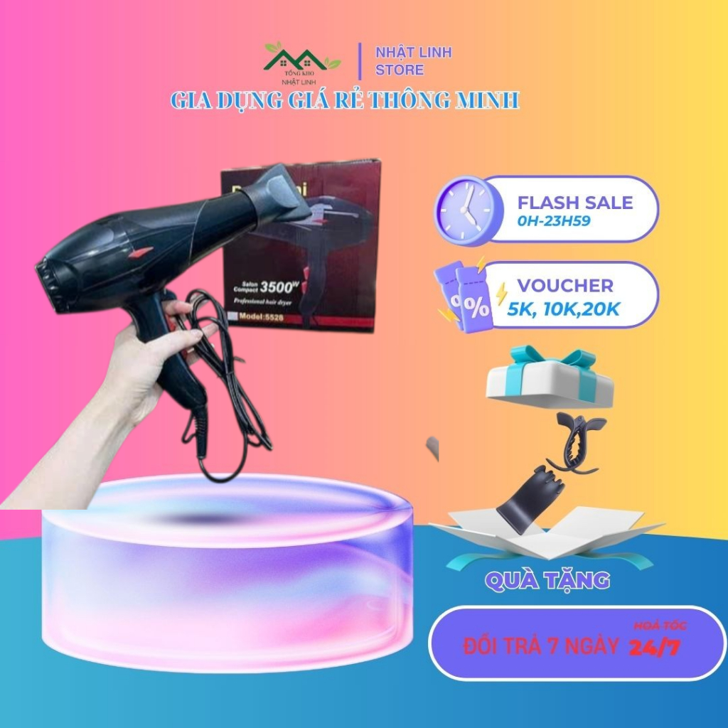 Máy sấy tóc công suất 3500w làm tóc nhanh khô có 2 chế độ nóng lanh kèm ống tạo kiểu bảnh hành 12 tháng