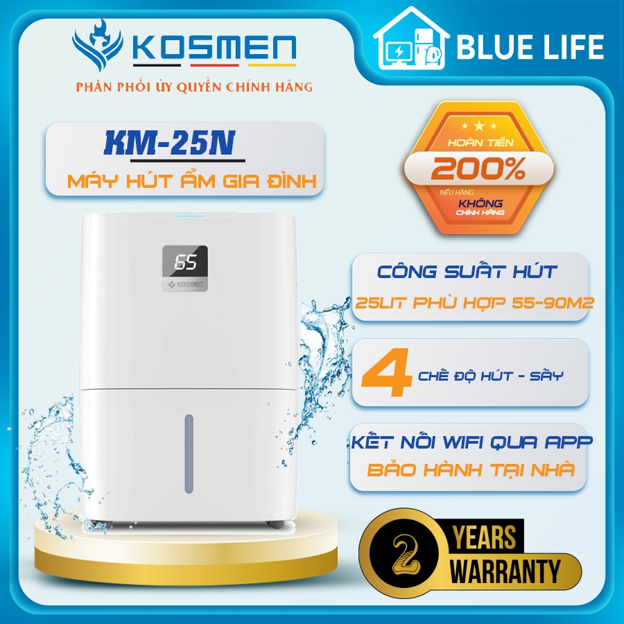 Máy Hút Ẩm Kosmen KM-25N 25L/Ngày – Wifi Điều Khiển App, Lọc Không Khí Ion Âm, Sấy Quần Áo, Phòng 55
