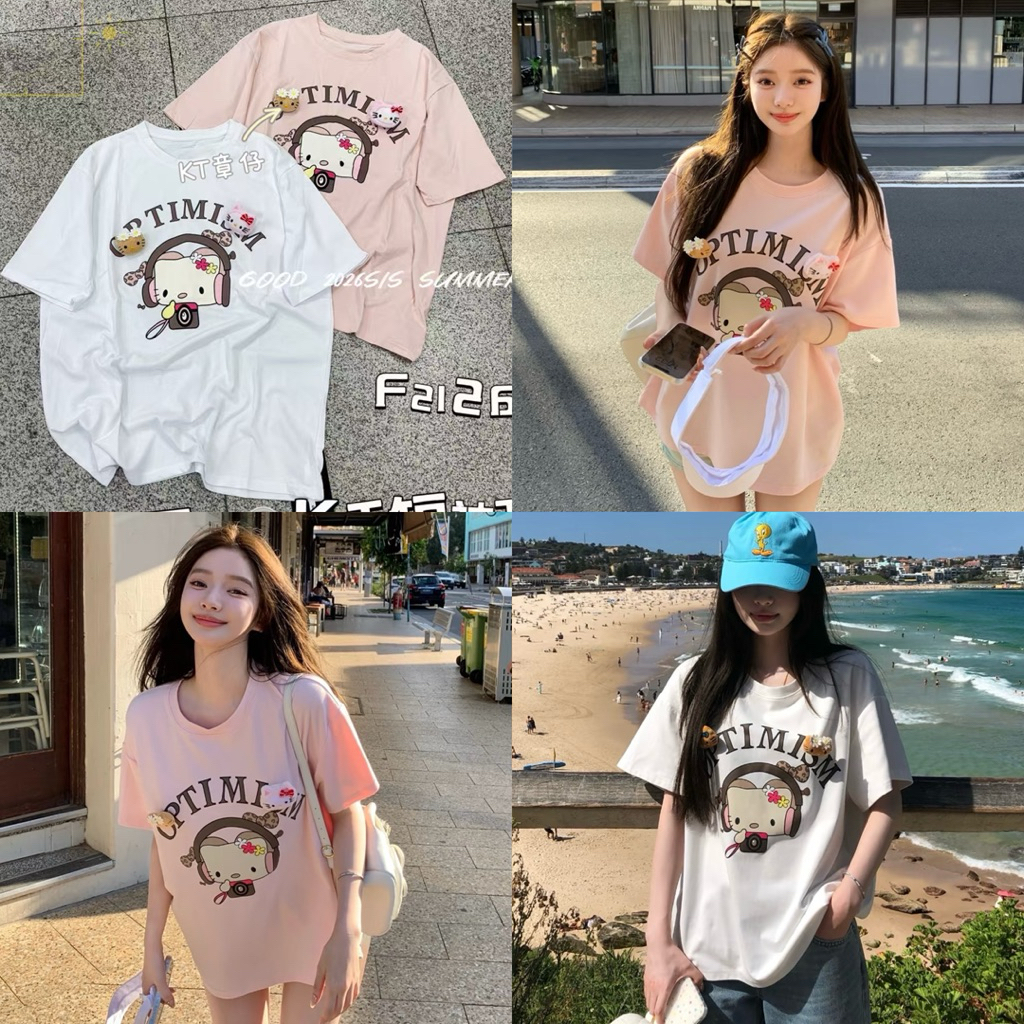 𝐦𝐢𝐤𝐢𝐬.𝐬𝐭𝐨𝐫𝐞 [ SẴN ] TEE KITTY FOM RỘNG HÀNG QC L1 ( kèm bông kitty cài áo )