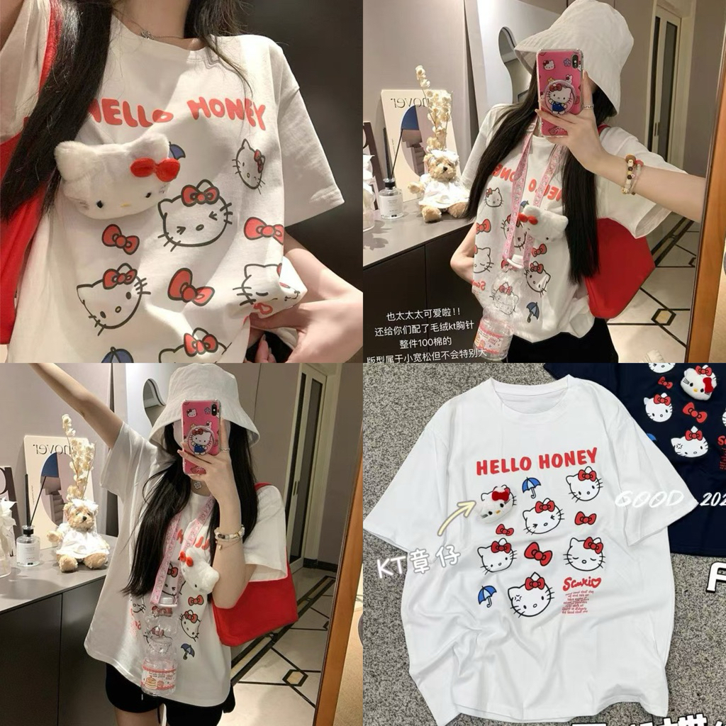 𝐦𝐢𝐤𝐢𝐬.𝐬𝐭𝐨𝐫𝐞 [ SẴN ] TEE KITTY FOM RỘNG HÀNG QC L1 ( kèm bông kitty cài áo )