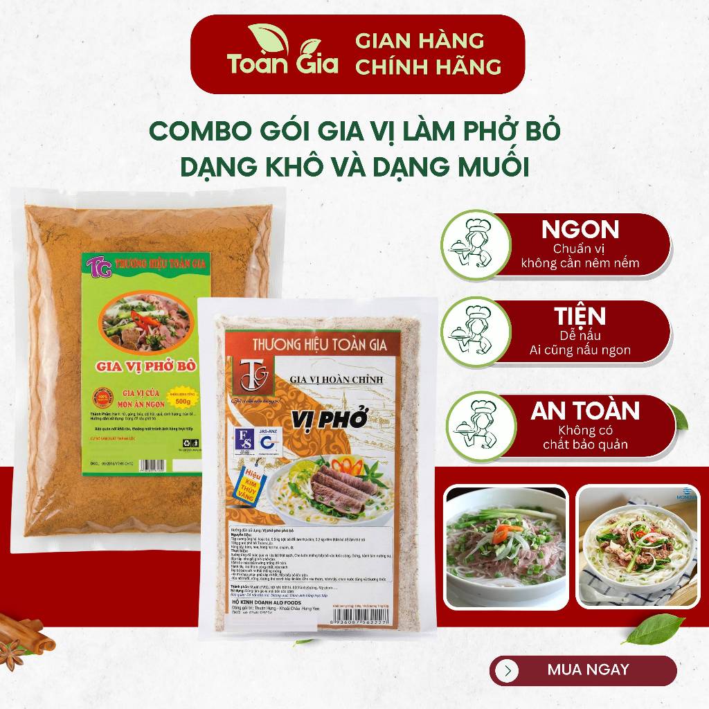 Combo Gia vị nấu phở bò Toàn Gia, gói gia vị nấu nước dùng phở bò thơm ngon, chuẩn vị quán