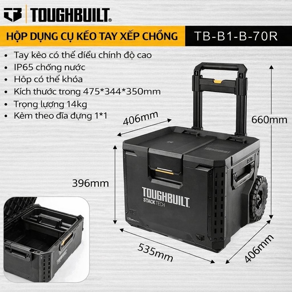 Toughbuilt Thùng Bánh Xe Kéo cho cơ khí, điện lạnh, camping,... tb-b1-b-70r tương tự Milwaukee 8427
