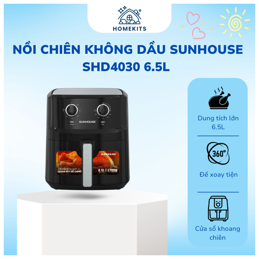 Nồi chiên không dầu 6.5L SUNHOUSE SHD4030 - Công nghệ Rapid Air giảm tới 80% dầu mỡ - Khoang chiên trong suốt | HOMEKITS