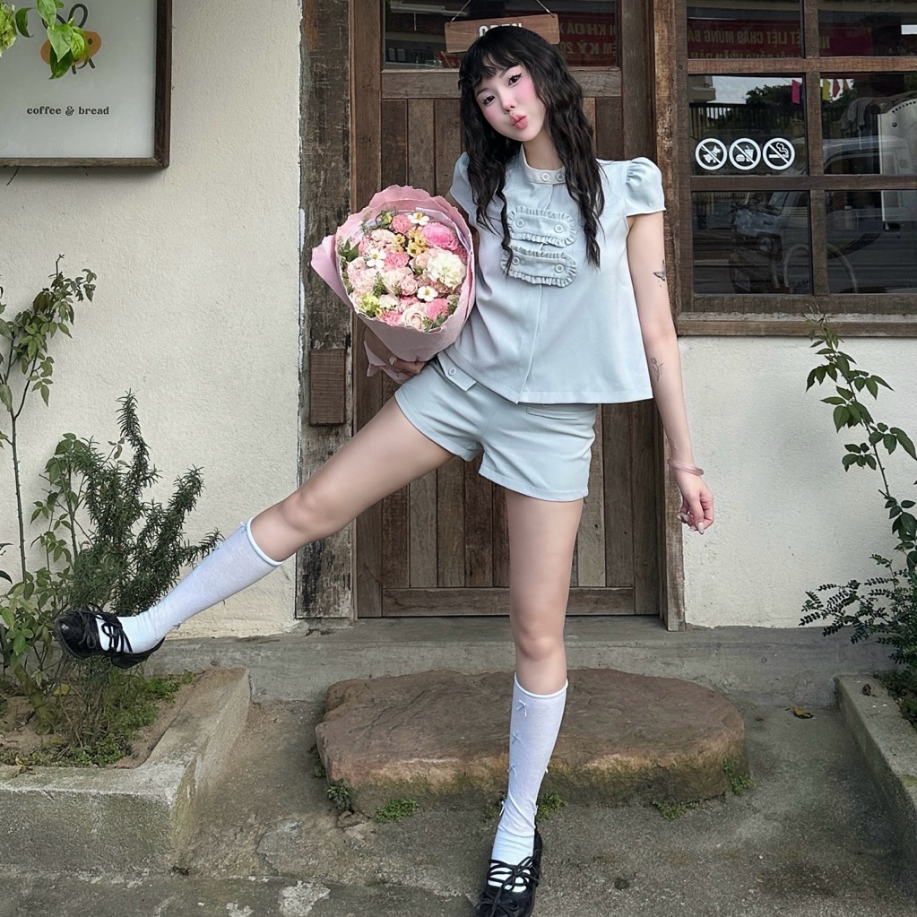 [Sẵn Xanh-Đen-Kem] Joco Set - Áo kiểu tay bồng phối bèo - Quần short cạp trễ