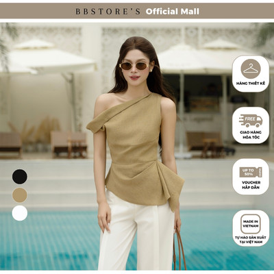 BBSTORE'S Áo Kiểu Dạo Phố Linen Vân Trễ Vai Vân Gỗ Cổ Xéo Xếp Tà Xéo - AAC44T