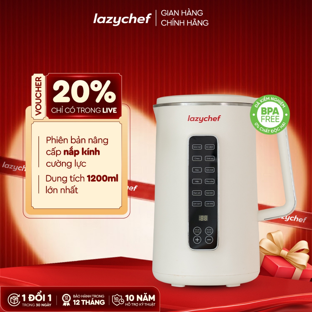 Máy Xay Nấu Đa Năng 12 Chức Năng Lazychef - Máy Làm Sữa Hạt, Máy Xay Sinh Tố, dung tích 1200ml