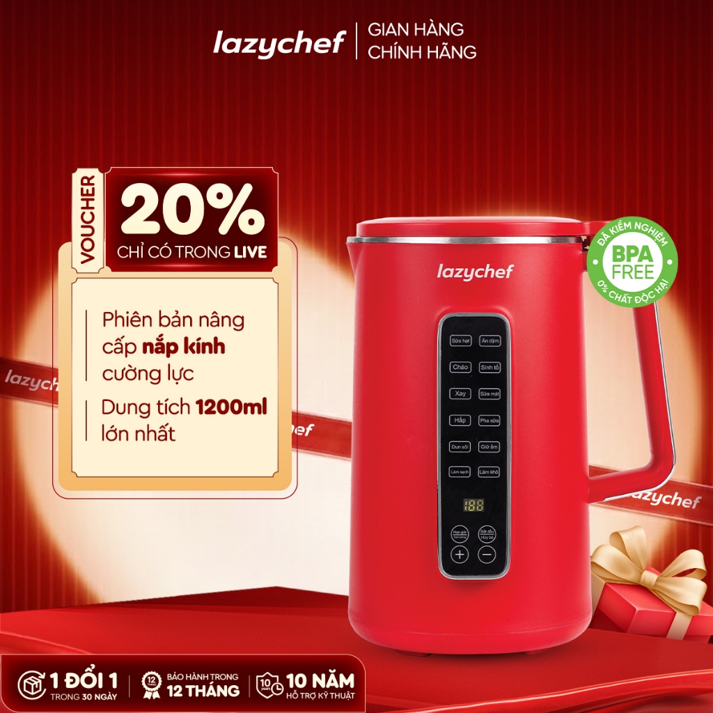 Máy Làm Sữa Hạt 12in1 Lazychef Dòng Premium 1200ml, Nắp Inox Thủy Tinh - Màu Đỏ