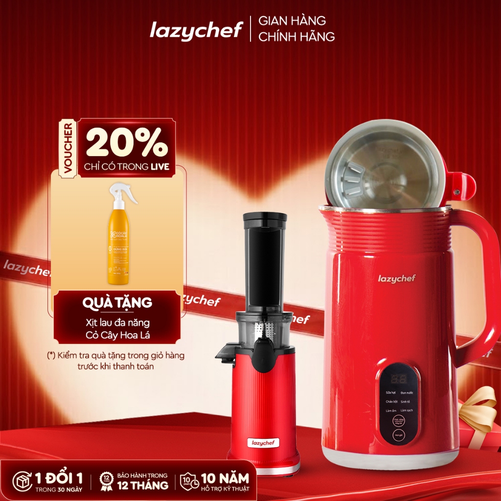 [Combo Ăn Lành] Máy làm sữa hạt 5in1 nắp inox Lazychef và máy ép chậm mini 3S Lazychef