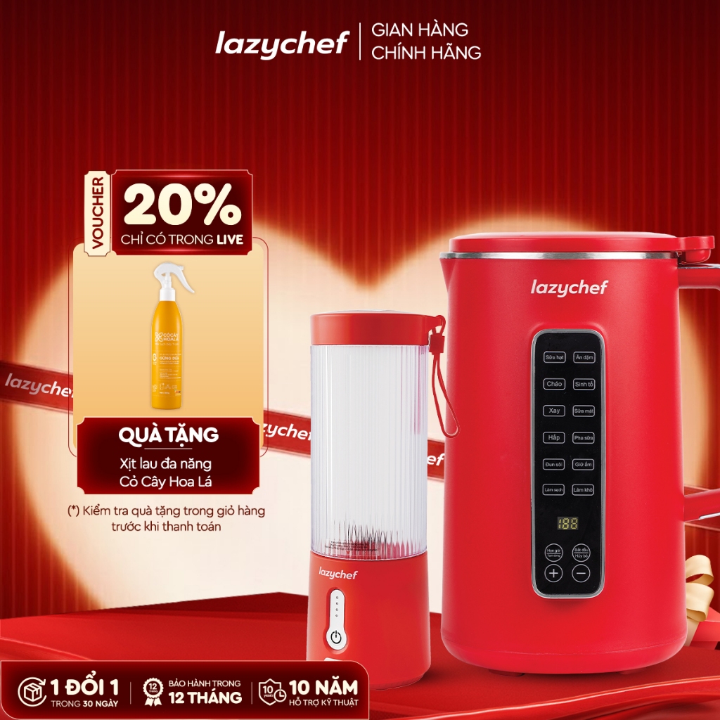 [Combo tiết kiệm] Máy Làm Sữa Hạt Lazychef 12in1 và Máy Xay Sinh Tố Cầm Tay Lazychef 3in1 450ml