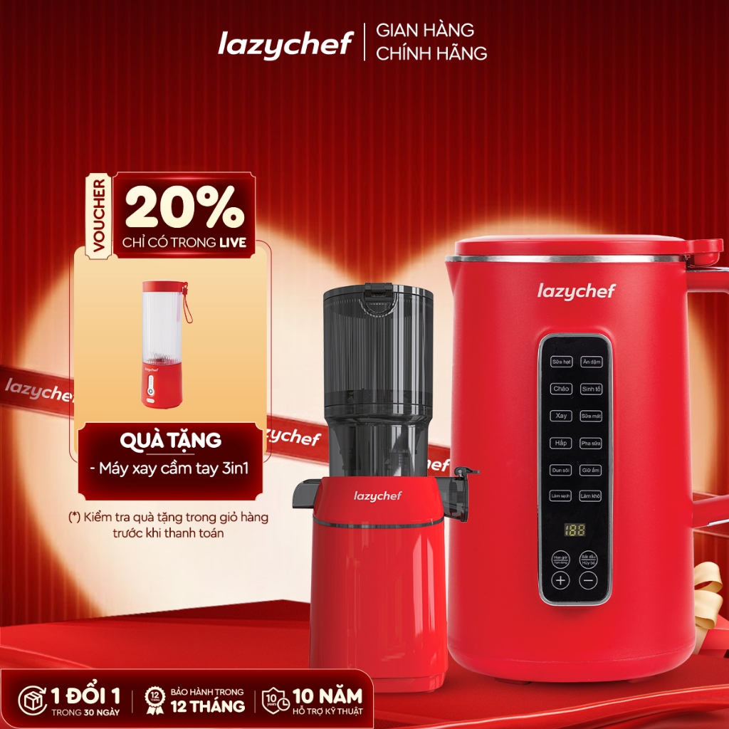 [Combo Yêu Nước] Máy Làm Sữa Hạt 12in1 1200ml Lazychef và Máy Ép Chậm Nguyên Quả 3S Lazychef