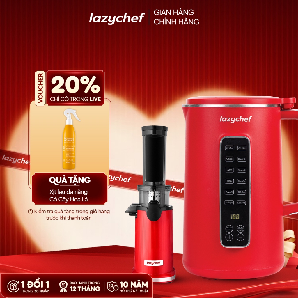 [Combo tiết kiệm] Máy Làm Sữa Hạt 12in1 Lazychef và Máy Ép Chậm Mini Lazychef - Hàng Chính Hãng