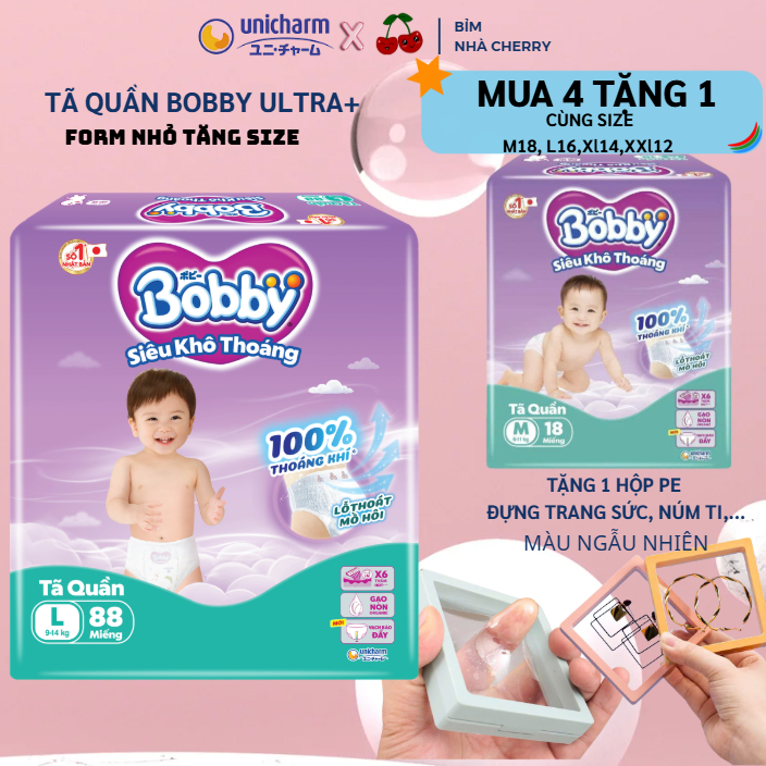 Tã Bỉm quần Bobby Ultra+ siêu khô thoáng/Bobby mở một bên cho bé sơ sinh NB-S gạo non đủ size M96/L8