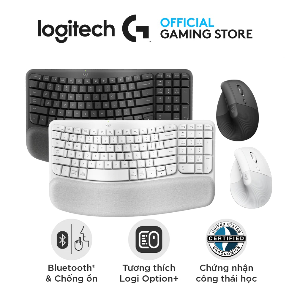 Logitech Wave Keys & Lift Vertical Mouse - Ergonomic Wireless Keyboard and Mouse Combo - with Cushio