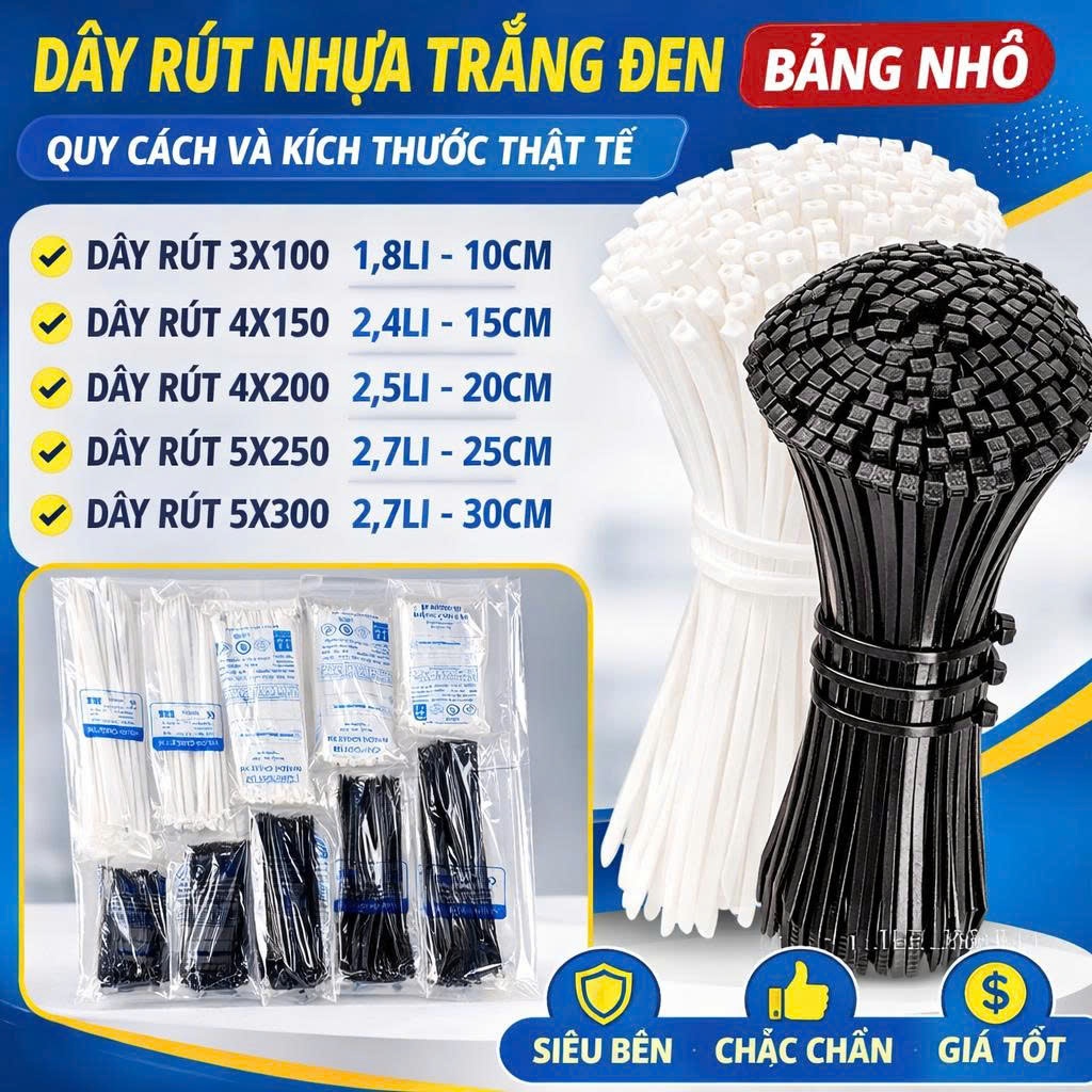 COMBO 5 Bịch Dây Rút Nhựa Trắng Đen Bảng Nhỏ 5x250 (70s/bịch)