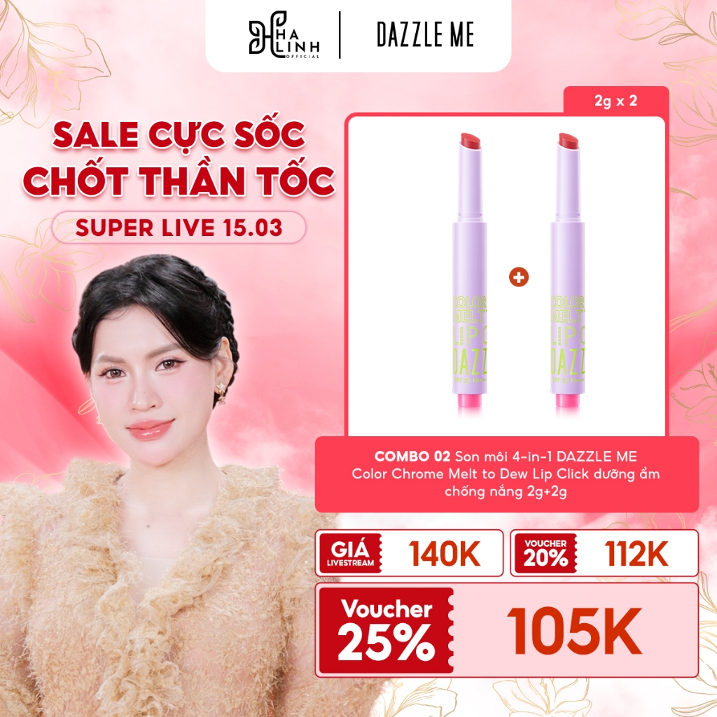 [VHL x DAZZLE ME] COMBO 02 Son môi 4-in-1 DAZZLE ME Color Chrome Melt to Dew Lip Click dưỡng ẩm chốn