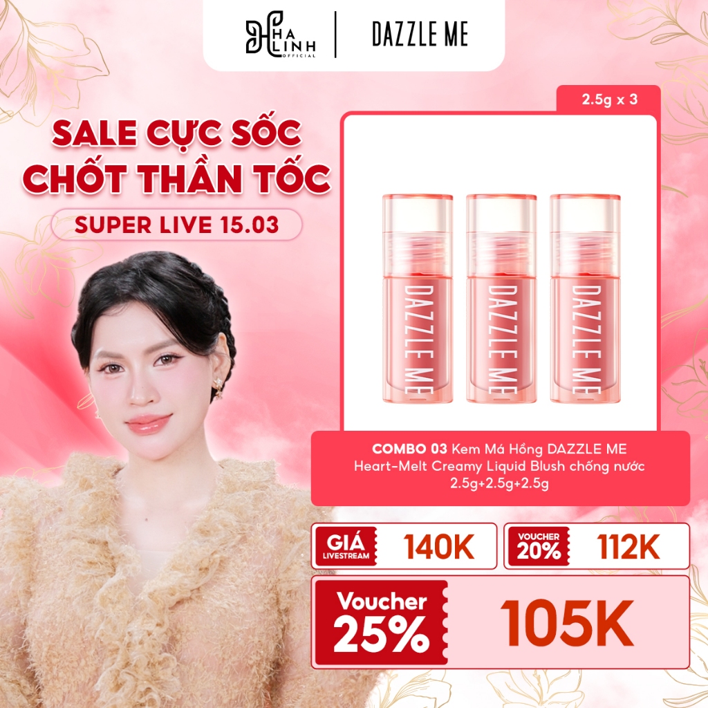 [VHL x DAZZLE ME] COMBO 03 Kem Má Hồng DAZZLE ME Heart-Melt Creamy Liquid Blush chống nước 2.5g+2.5g