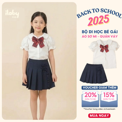Áo sơ mi bé gái ILABY trắng tay bồng bé gái mix quần giả váy xếp ly [KHÔNG NƠ] [3243+3244]