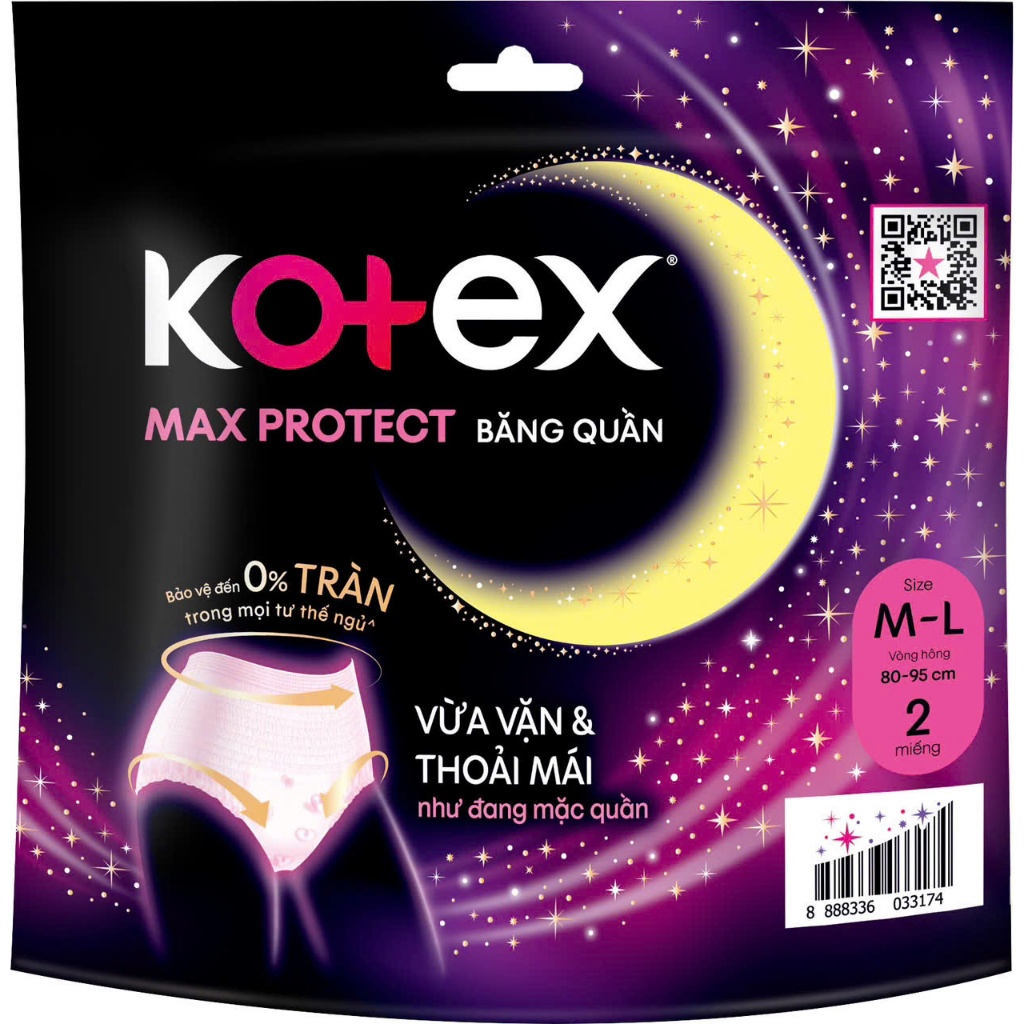 (Thùng 16 gói) Kotex đêm dạng quần cỡ M/L và L/XL (2 quần/gói)