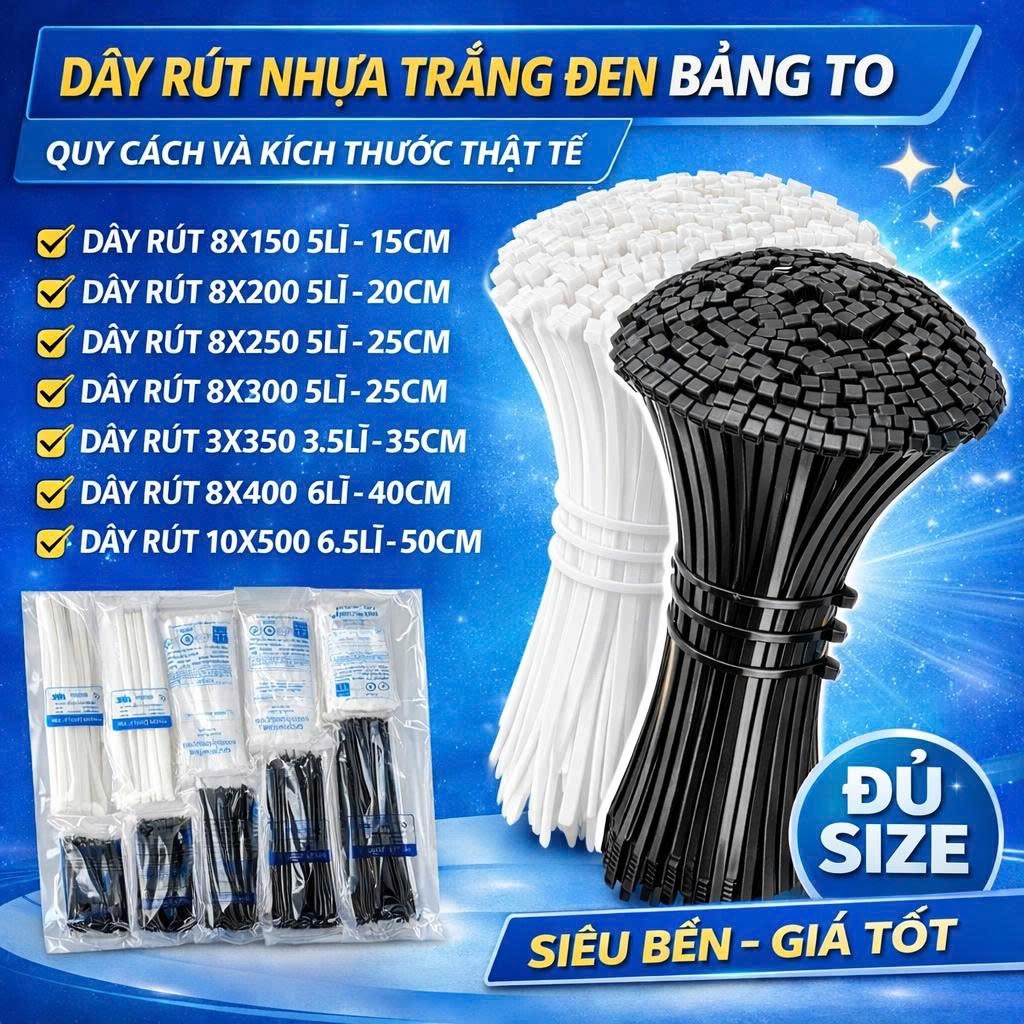 Dây rút nhựa trắng  bảng lớn 8x400 (70s/bịch)
