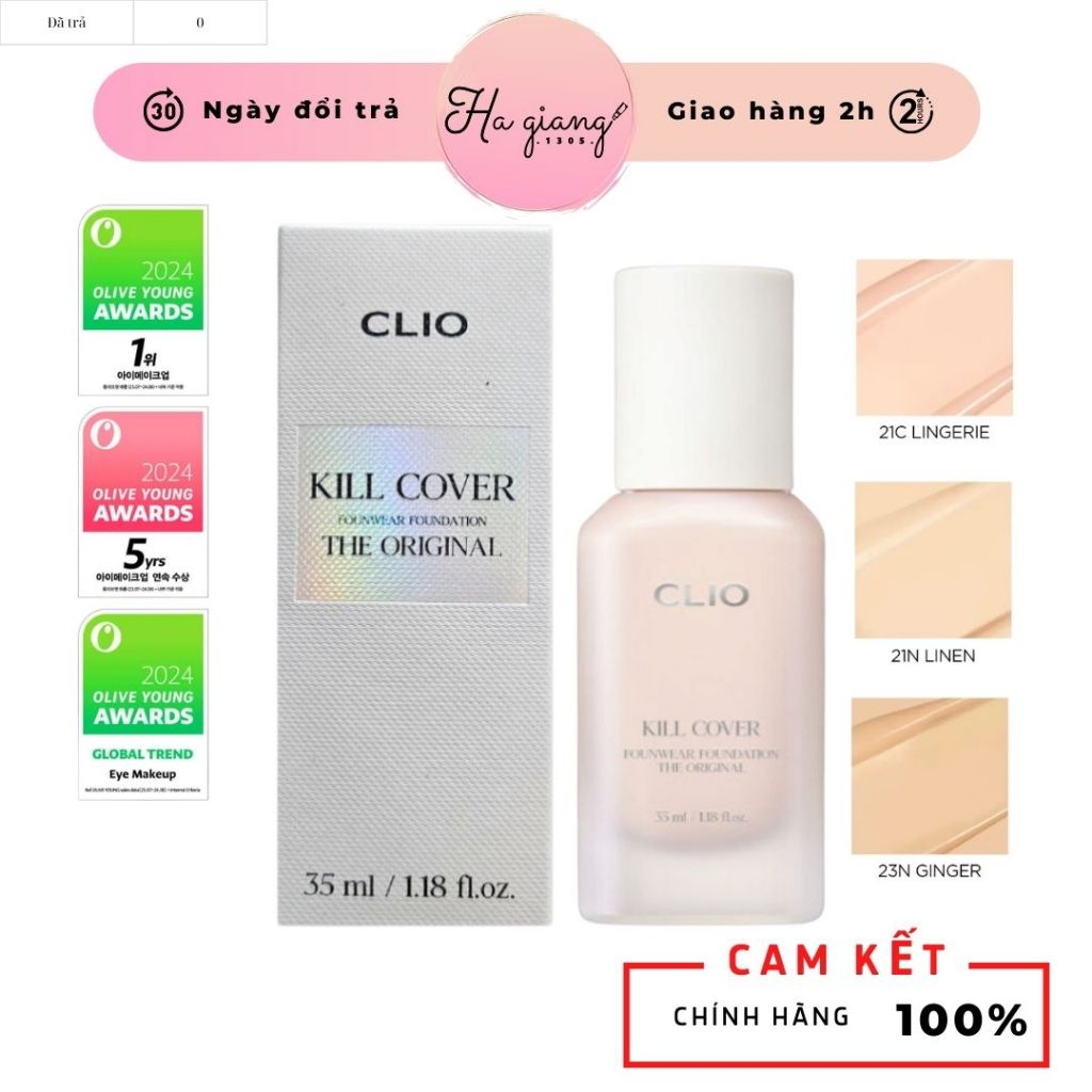 [Top OLIVE YOUNG Global] Kem Nền Clio Kill Cover Founwear Foundation The Original Mỏng, Che Phủ Khuy