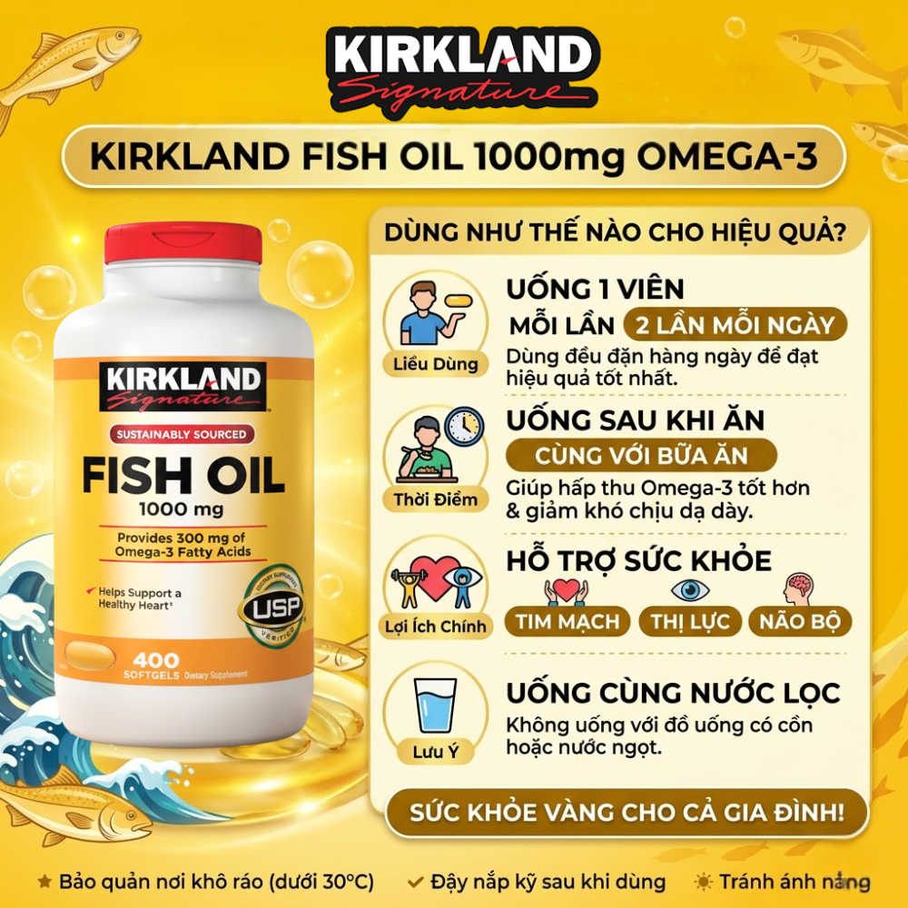 Dầu cá Fish Oil 1000mg Omega-3 Kirkland Signature Sáng mắt, Tăng thị lực, Tốt trí não - Hộp 400 viên