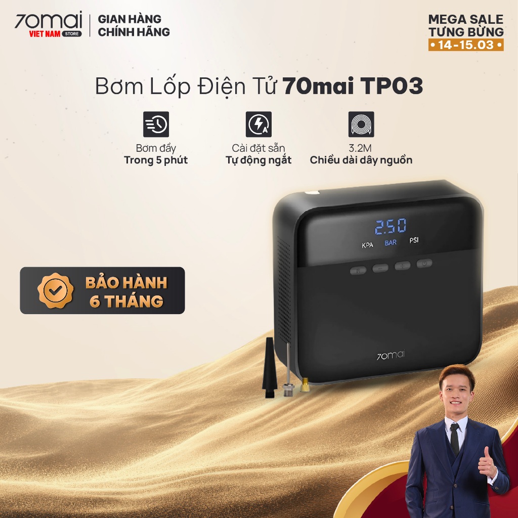 Bơm lốp điện tử 70mai TP03 cho oto chính hãng, phù hợp với nhiều loại xe