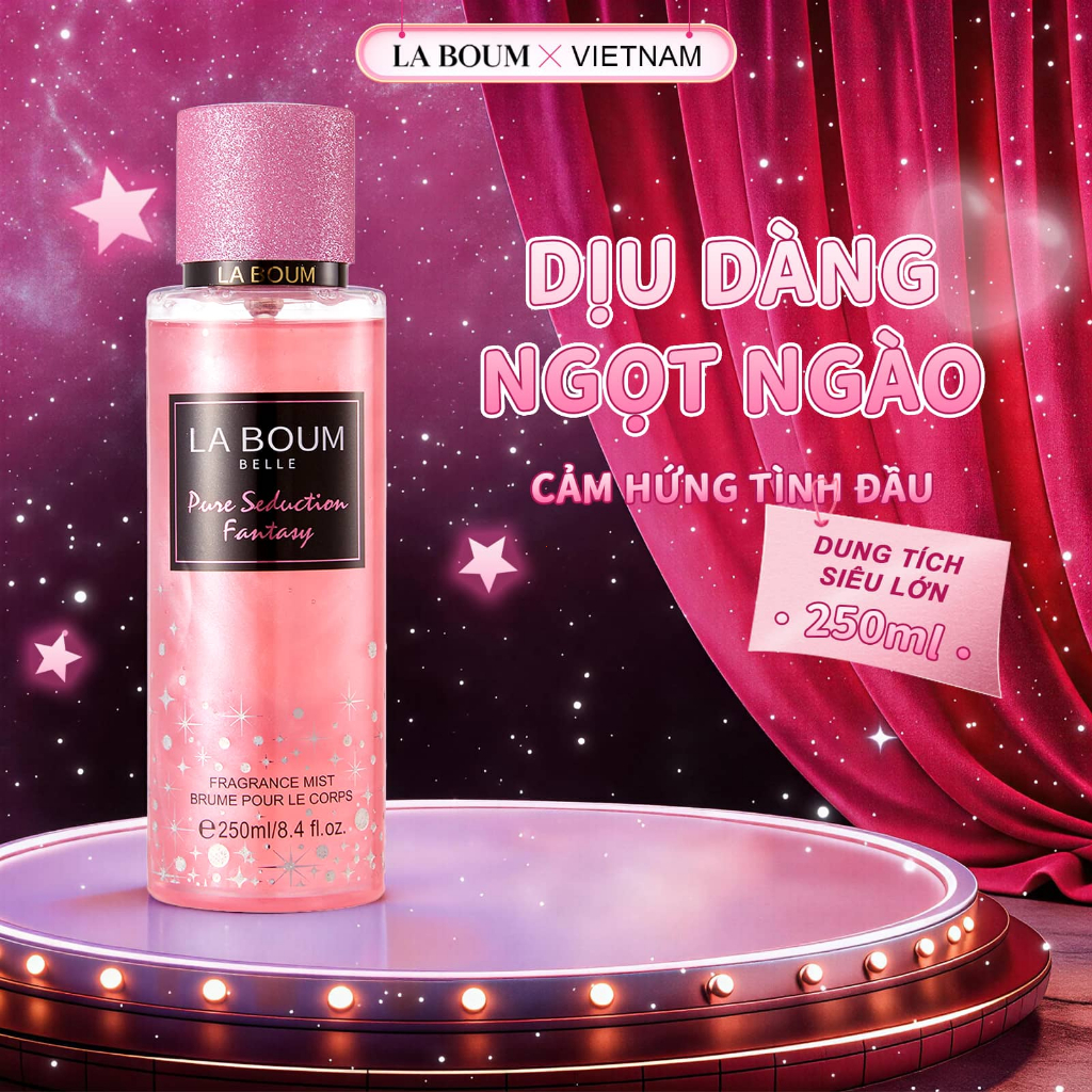Xịt Thơm Body Mist LA BOUM 250ML Nữ Có Nhũ Hương Trái Cây Tươi Mát & Ngọt Ấm Tầng Hương