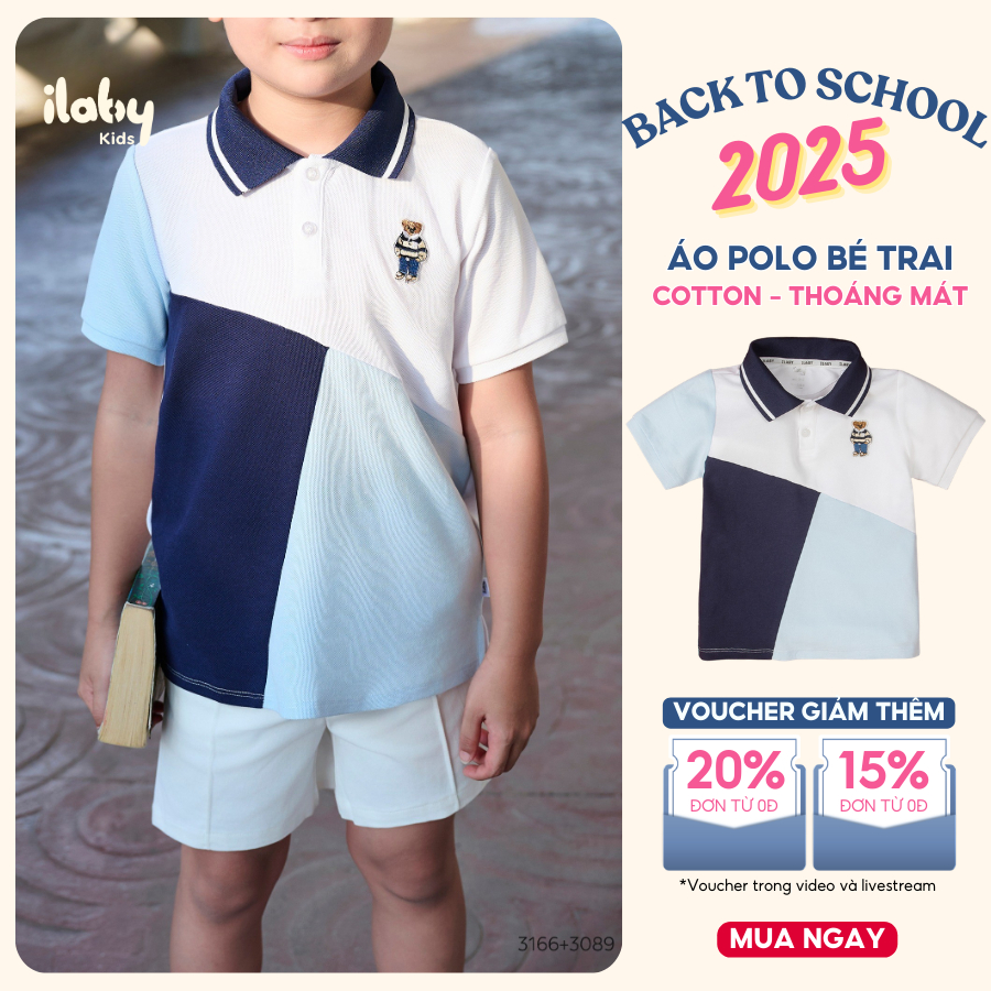 Áo polo bé trai ILABY phối mảng màu thời trang, thêu gấu đáng yêu [3089]