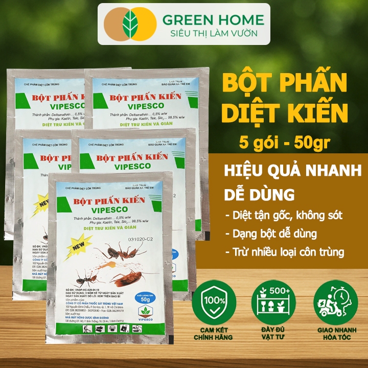 5 Gói Bột Phấn Kiến Vipesco, GreenHome, Gói 50gr, Hiệu Quả Cao, Dễ Sử Dụng, Trừ KIẾN, GIÁN,CÔN TRÙNG