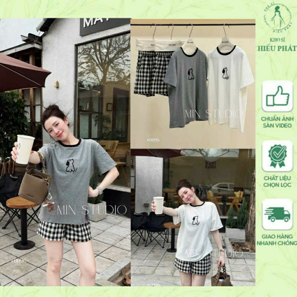 Set bộ in cún quần đùi kẻ 2 màu by khosihieuphat