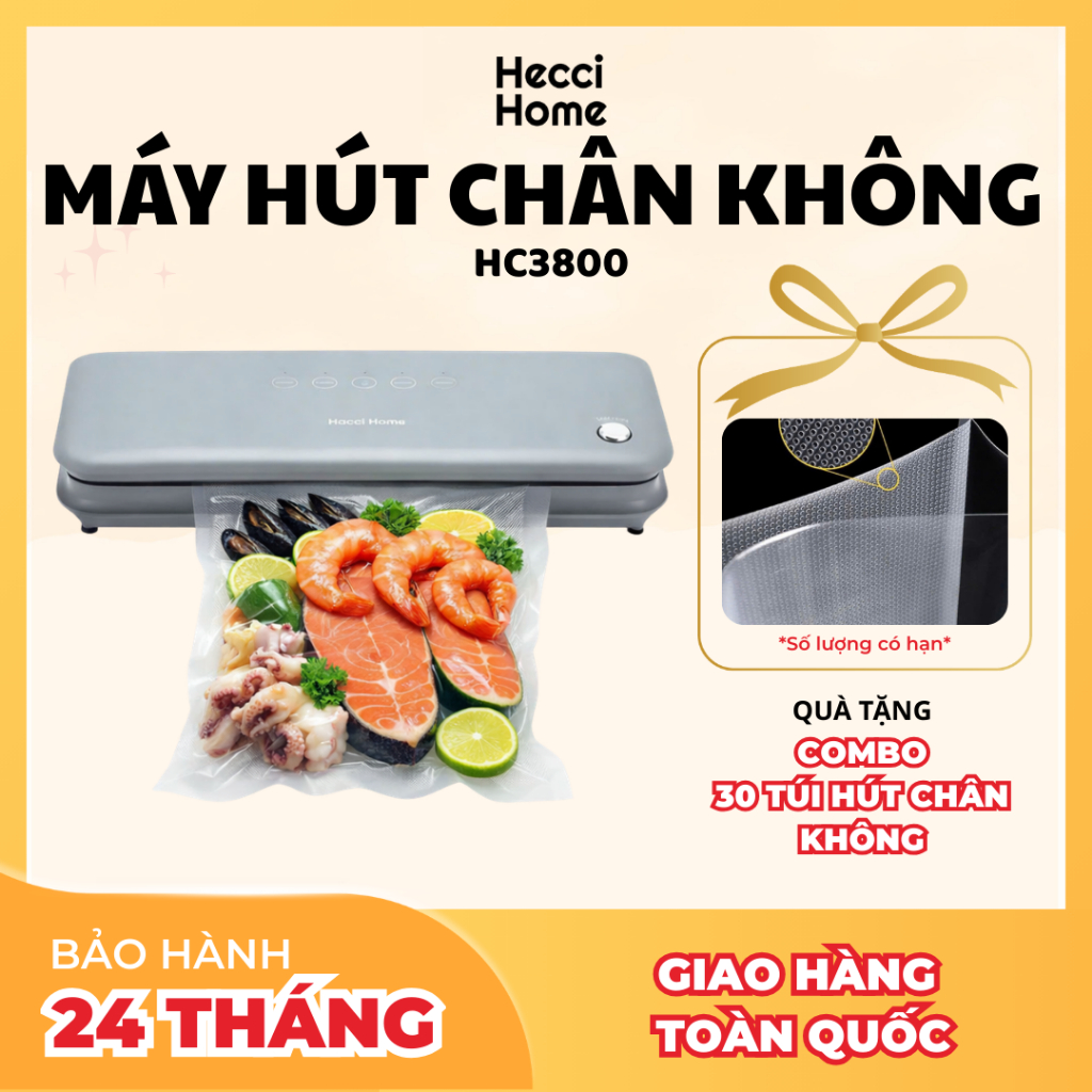 [KHÔNG KÉN TÚI] Máy Hút Chân Không Thực Phẩm Hecci HC3800 - Tích Hợp 2 Động Cơ Mạnh Mẽ