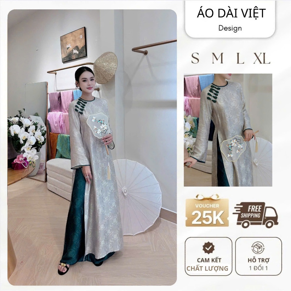 Áo dài cách tân 2 tà lụa tằm cổ tròn fom suông dài cao cấp -Việt Store PH189