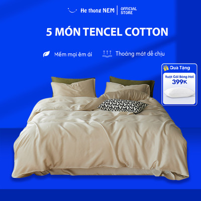 Set Chăn Ga Gối 5 Món He thong NEM Cao Cấp Bộ Set Chăn Ga Trải Giường Bốn Mùa Vải Tencel Cotton Có Vỏ Chăn Lồng Ruột