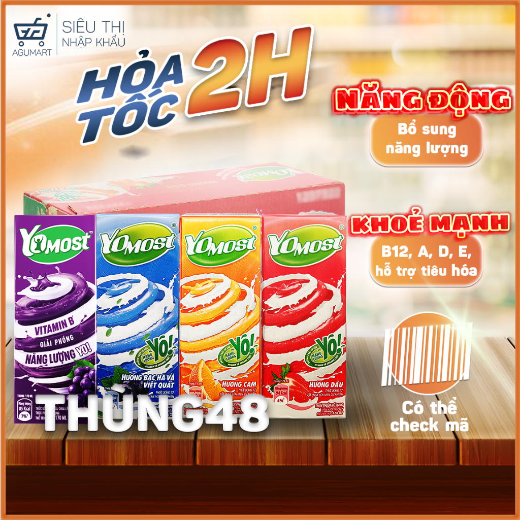 Thùng 48 hộp Sữa Yomost 170ml đủ vị Dâu/Cam/Bạc Hà Việt Quất/Nho