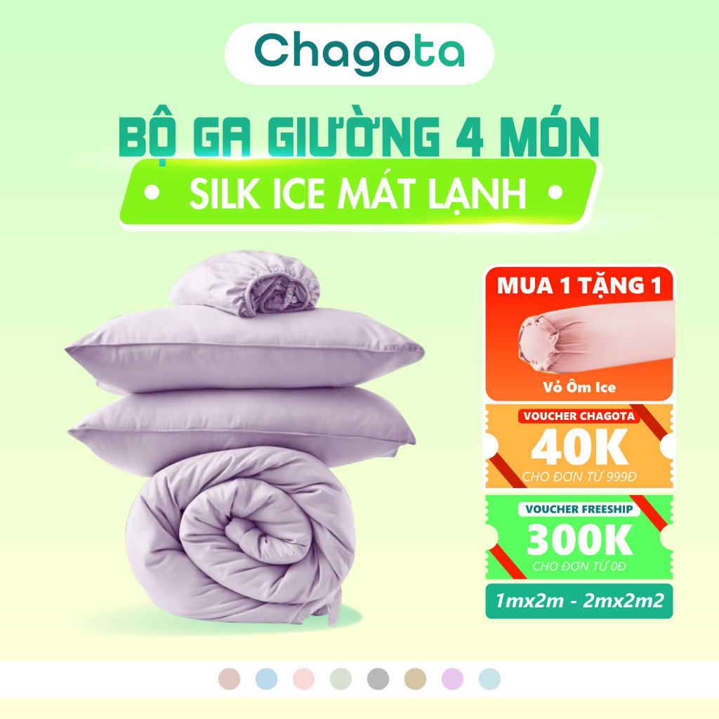 Bộ 4 Món Chăn Ga Gối Lụa Silk Ice Chagota Bedding, Thiết Kế Công Nghệ Dệt Làm Mát, Thoáng Khí, Size 