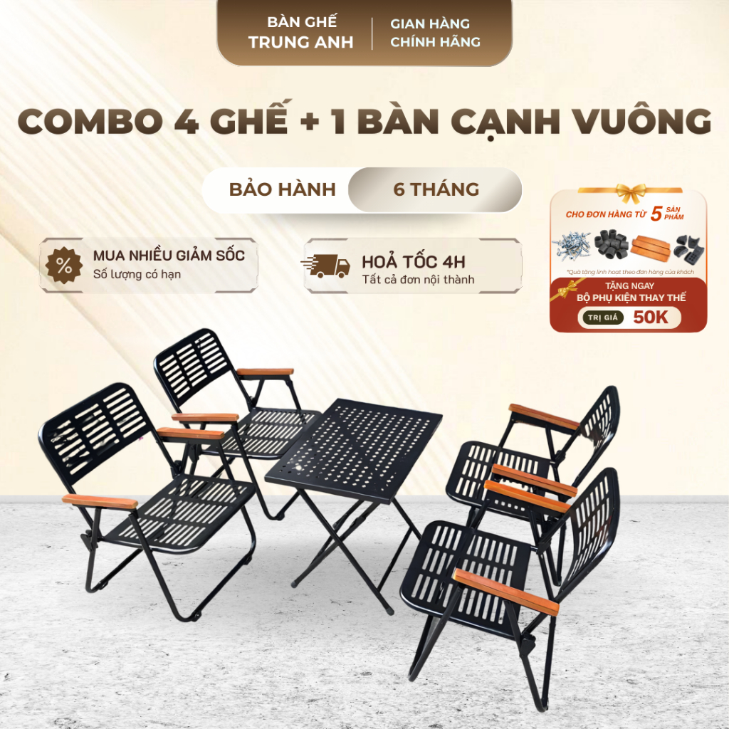 Combo 4 Ghế CNC + Bàn CNC Cạnh Vuông Ghế CNC Cafe Tay Gỗ Gấp Gọn, Ghế Xếp Cafe Khung Sắt Chắc Chắn