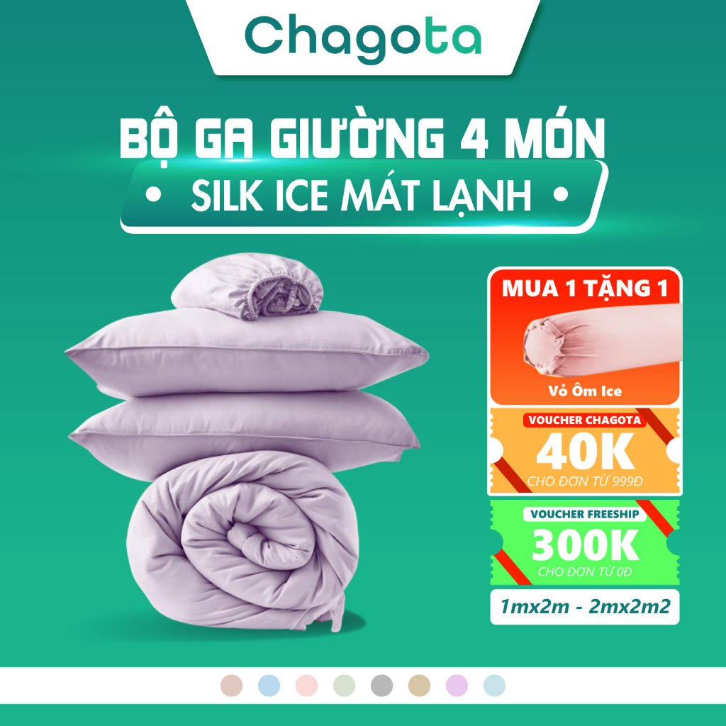 Bộ Chăn Ga Gối Lụa Silk Ice Chagota Bedding, Chất Vải Mát Lạnh, Mềm Mịn, Thoáng Khí, Size 1mx2m Đến 