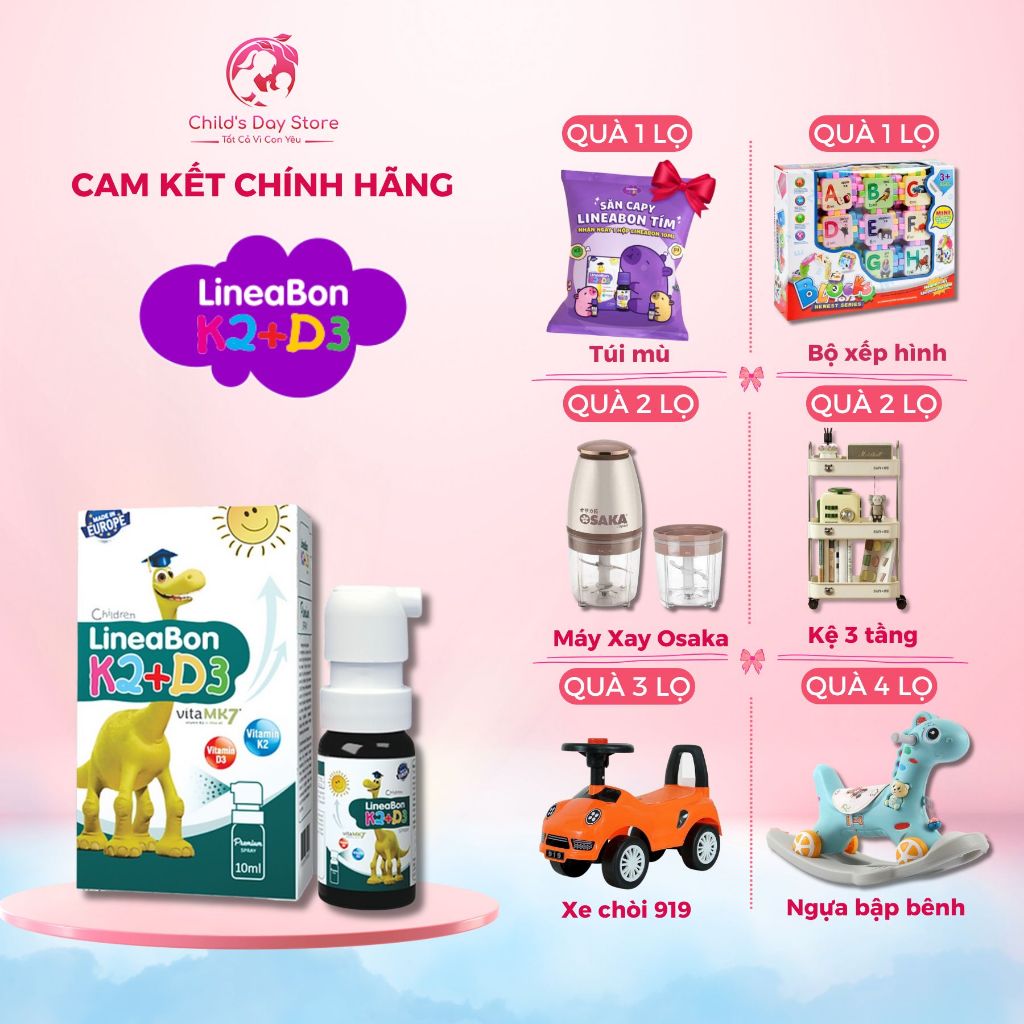 Lineabon K2+D3 MK7 10ml dạng xịt tiện lợi hỗ trợ bổ sung vitamin D3, vitamin K2, MK7 và canxi cho bé