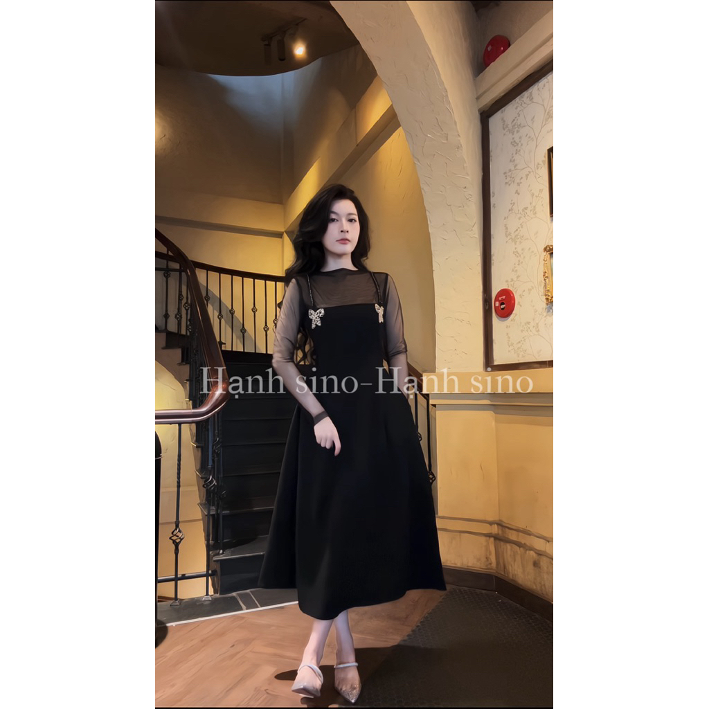Hạnh sino .97 Váy liền dây nơ đá dáng A tay lưới mới