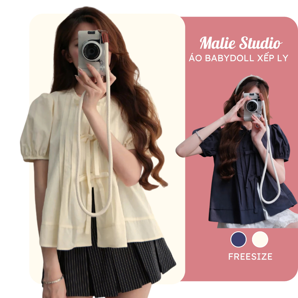 Áo Babydoll Xếp Ly Trước Phối Nơ Tay Chun Chất Đũi Hàn Trẻ Trung Năng Động Malie Studio- MAP017