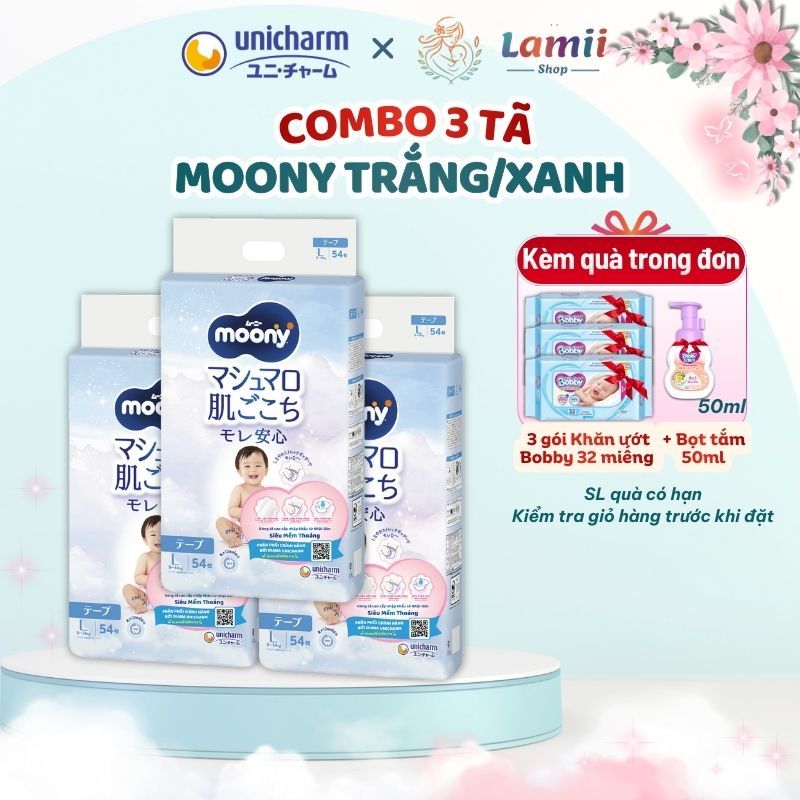 Combo 3 Bỉm Moony xanh, Moony trắng Tả Nhật bỉm dãn và quần siêu mềm mại full size có cộng miếng
