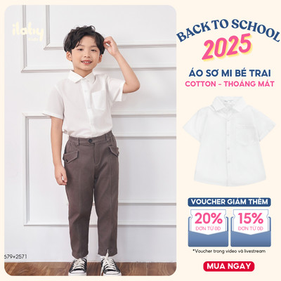 Áo sơ mi bé trai ILABY áo sơ mi trắng đi học chất cotton thô dáng basic phối túi ốp [2571]